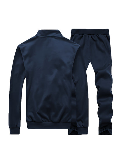Men'S Casual Sportswear Set - Black Zip-Up Jacket & Pants with White Logo, Regular Fit, Spring/Fall Collection, Non-Stretch Fabric, Casual Attire|Zipup Jacket|Pants with Logo, Sweater Pants
