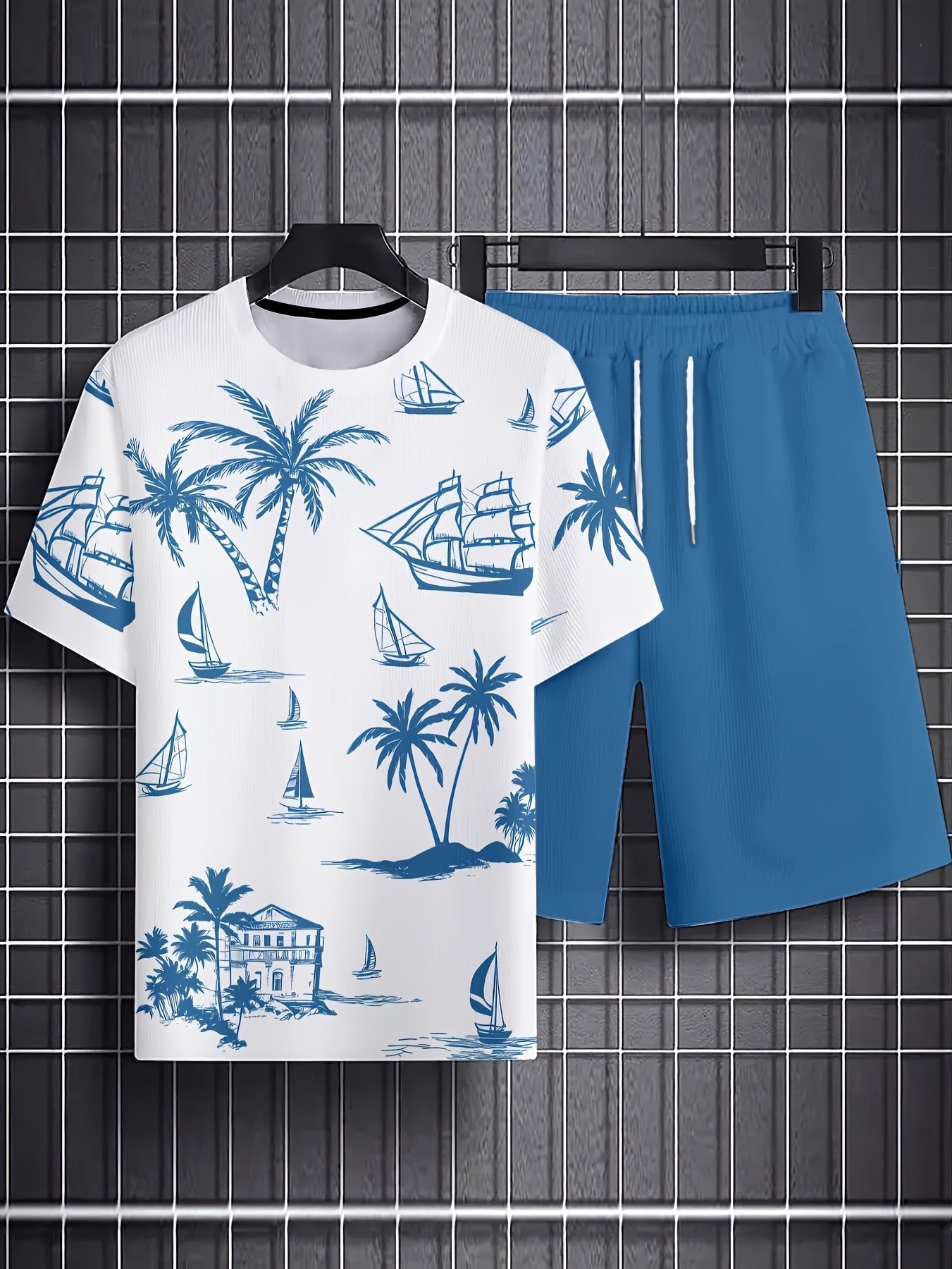 Men'S 2pcs Summer Outfit Set - Coconut & Yacht Print, Crew Neck, Knit Polyester 100%, Slight Stretch, Regular Fit, Casual Weekend Wear, 180gsm - Daily & Leisure Style