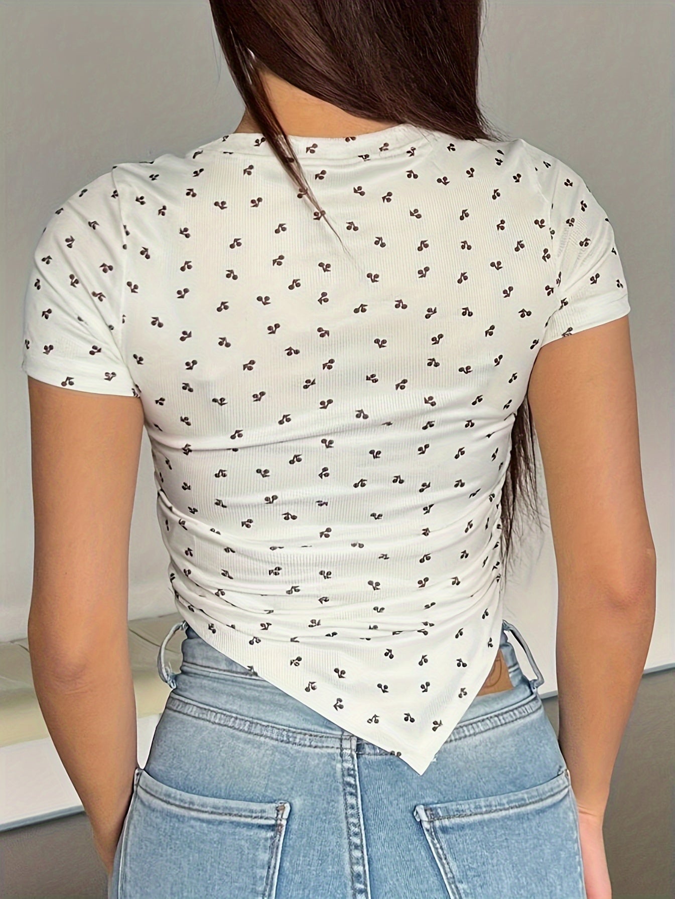 Women's Fruit and Vegetable Print Short Sleeve T-Shirt, Round Neck, Polyester Spandex Blend, Machine Washable - All Seasons - ayq