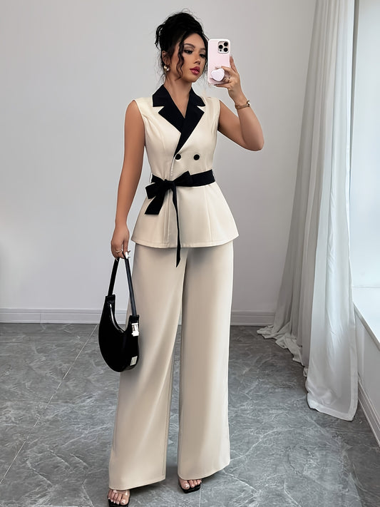 Կանացի էլեգանտ անթև բլեյզեր և լայն տաբատ - սև ու սպիտակ երկգույն, թիթեռնիկով, գոտկատեղով, իդեալական է գրասենյակի կամ առօրյա հագուստի համար, գրասենյակային հագուստ | Նրբագեղ պաշտոնական հագուստ | Պոլիեսթերային գործվածք