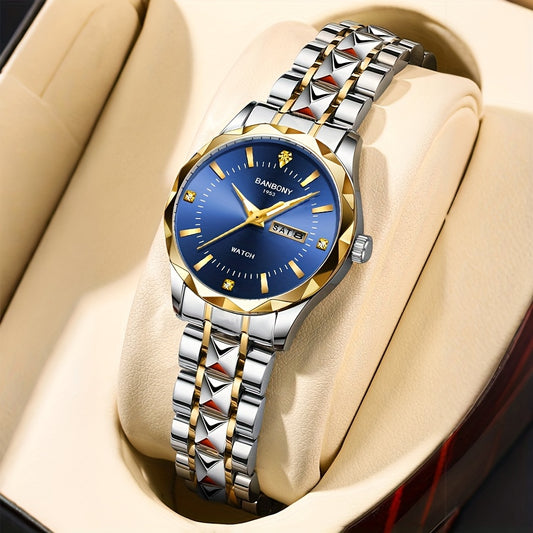 1pc BANBONY Women's Stainless Steel Quartz Watch with Rhinestone Accents, Scratch-Resistant Luminous Dial, IPX7 Waterproof, Week Calendar Display, Blue Dial & Golden-Tone Case - Luxury Casual Sports Watch for Birthdays, Holid