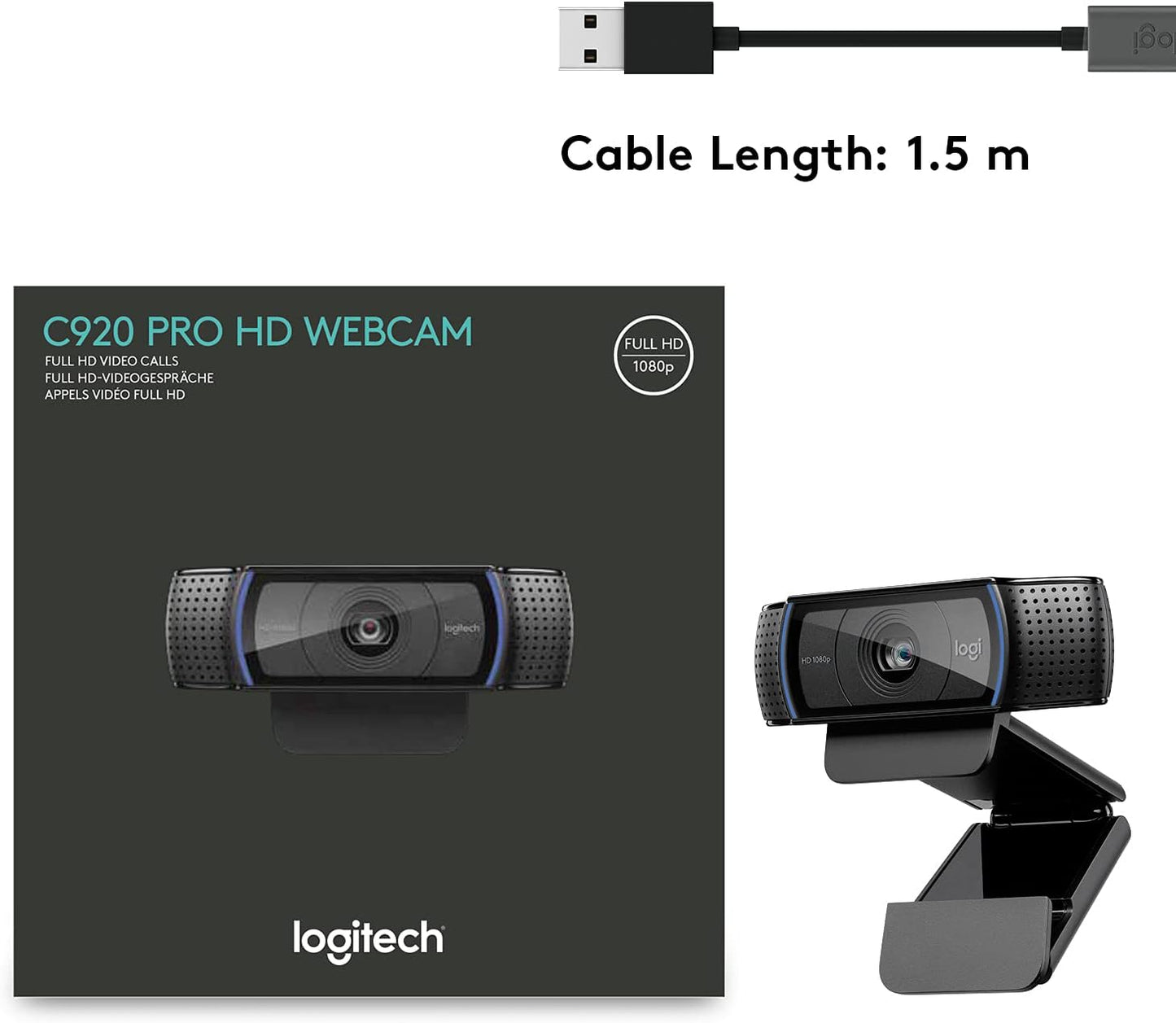 Logitech HD Pro Webcam C920, Widescreen Video Calling and Recording, 1080P Camera, Desktop or Laptop Webcam