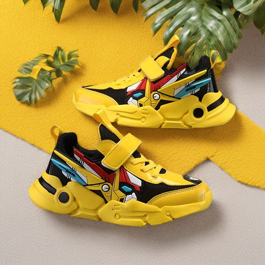 Տղաների թեթև, շնչող ցանցկեն սպորտային կոշիկներ՝ վառ դեղին մուլտֆիլմային դիզայնով, կեռիկ-օղակաձև փակմամբ, իդեալական է գարնանային և ամառային առօրյա հագուստի համար, խաղային բացօթյա կոշիկներ | Մուլտֆիլմային նախշերով կոշիկներ | EVA բարձիկով ներբան