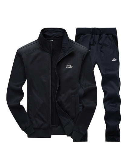 Men'S Casual Sportswear Set - Black Zip-Up Jacket & Pants with White Logo, Regular Fit, Spring/Fall Collection, Non-Stretch Fabric, Casual Attire|Zipup Jacket|Pants with Logo, Sweater Pants