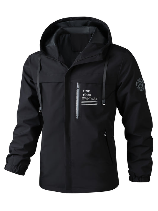 Տղամարդու նորաձև սև գլխարկով, քամուց պաշտպանիչ բաճկոն՝ կայծակաճարմանդ գրպաններով - ամենօրյա, ազատ չափսերով, երկար թևքերով, պոլիեսթերային աստառով, իդեալական է գարնան և աշնան համար, ամենօրյա հագուստի բաճկոն | գլխարկով բաճկոն | կայծակաճարմանդով բաճկոն