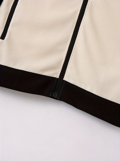 Տղամարդու սպորտային գունային բլոկով կայծակաճարմանդով բաճկոնի և վազքի տաբատի հավաքածու - պոլիեսթերի խառնուրդ, իդեալական է գարնան/աշնան համար