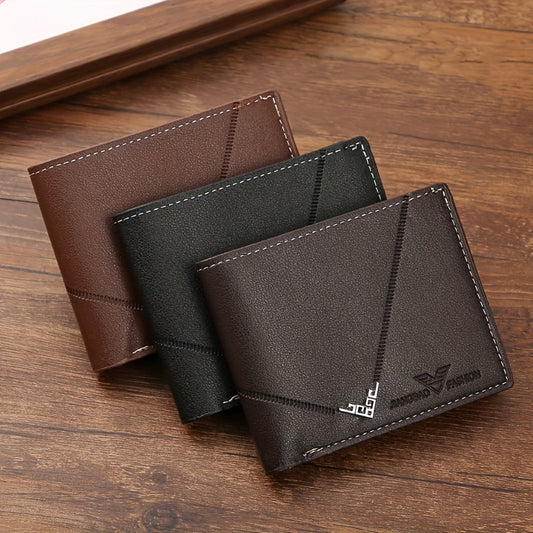 Men's Sleek Black Faux Leather Wallet - Vintage Style with Multiple Card Slots, Lychee Texture & Color Block Design