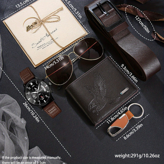 A Stylish And Versatile 7pcs Set for Men, Including a Classic Faux Leather Watch, Wallet, Belt, Keychain, Greeting Card, And Glasses, Suitable for Various Occasions, Essential for Halloween, Parties, Christmas, And Birthdays