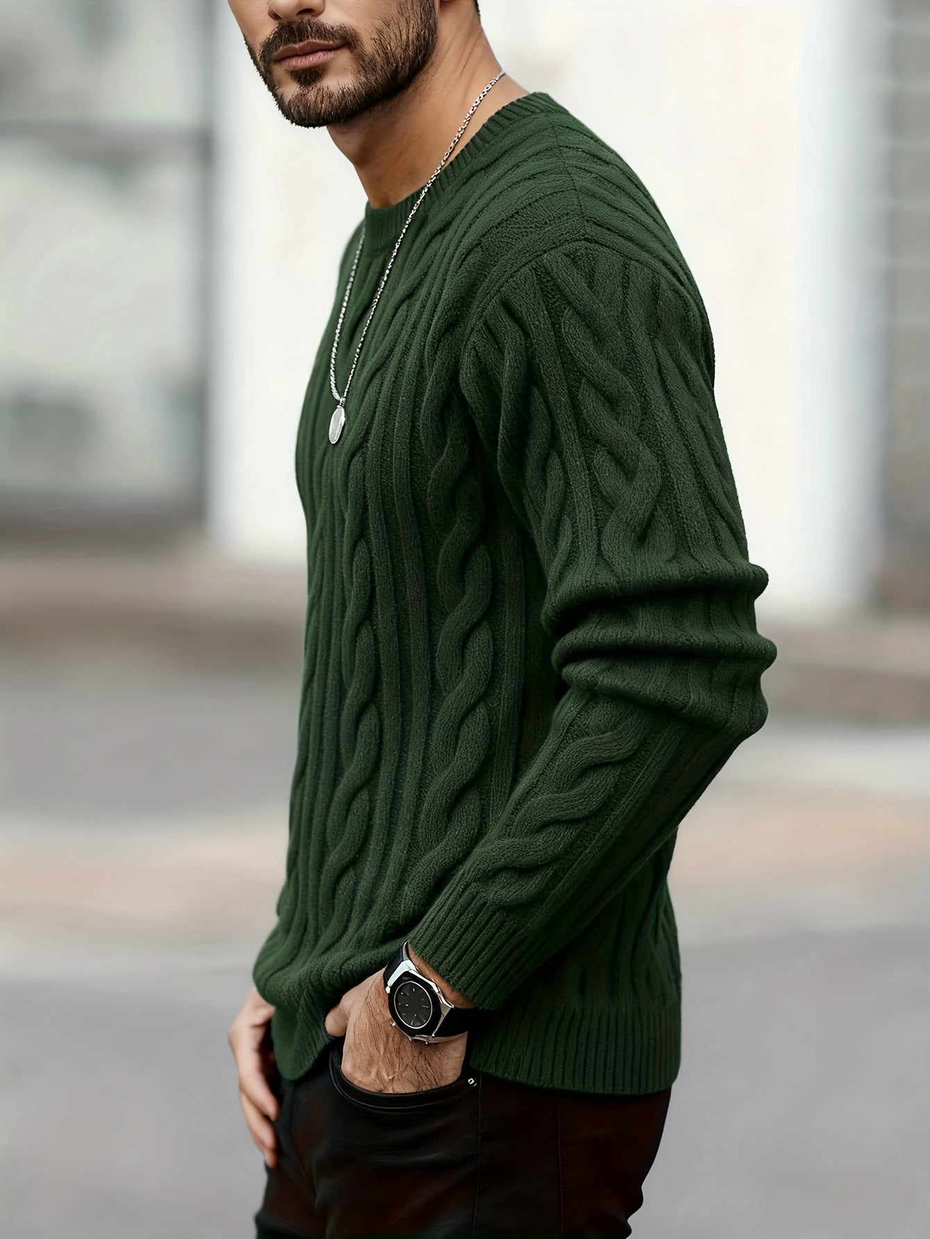 New Autumn-Winter Men's Casual Commuter Solid Color Crew Neck Knit Pullover