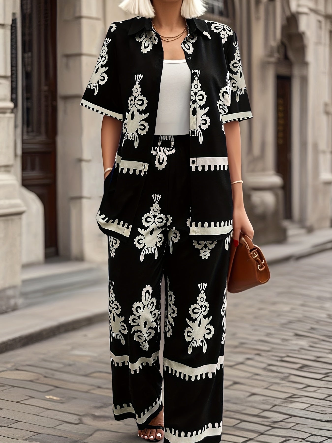 Casual Country Print Pattern Loose Short Sleeve Top and Pants Two-Piece Set Summer Clothes, Elegant Summer Evening Mist