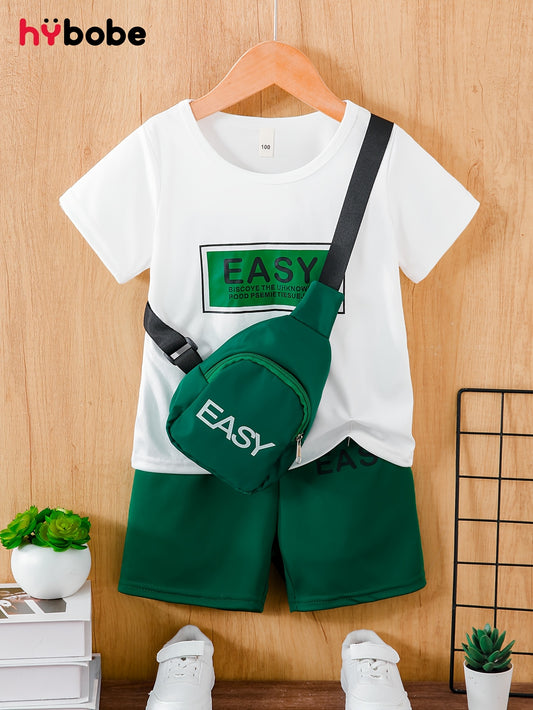 Տղաների համար նախատեսված 3 հատանոց սպիտակ, կլոր վզնոցով մարզաշապիկ EASY գրությամբ, կանաչ, առաձգական գոտկատեղով շորտերով և կանաչ, խաչաձև պայուսակով, առօրյա, հարմարավետ, բացօթյա հագուստի համար, նվերի գաղափար, իդեալական է բացօթյա օգտագործման համար։