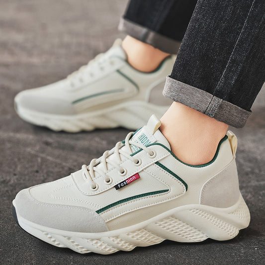 Men's Retro Sneakers - White  Green Accent Lace-Up Shoes, Cushioned PVC Sole for All-Day Comfort, Low-Top Sneakers for Gym, Office, Casual Attire - Model HX-7, Gym Footwear, Sleek Casual Style, Fabric Upper, Durable Traction