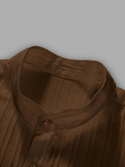 2-Piece Men's Summer Striped Polyester Suit, Short Sleeve Stand Collar Shirt and Drawstring Pants, Non-Stretch Fabric, Suitable for Casual Wear and Beach Vacation, Solid Color