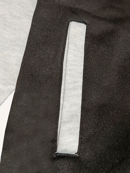 Տղամարդու մարզական բրդյա վերնաշապիկի և վազքի վերնաշապիկի հավաքածու - սպորտային մոխրագույն՝ սև զարդարանքներով, կայծակաճարմանդով բաճկոն և լարերով տաբատ, պոլիեսթեր, լվացքի մեքենայով աշուն/ձմեռ համար