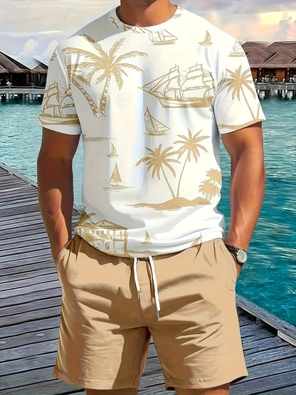 A set of 2 stylish Men's palm tree pattern summer fresh T-shirts and shorts, micro-stretch polyester knit fabric with a fitted fit, suitable for outdoor activities and family gatherings.