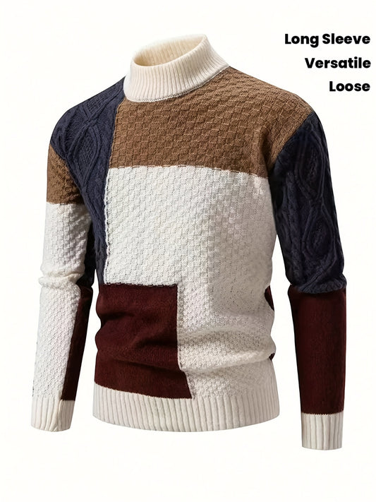 Men's Autumn/Winter Korean Style Trendy Color-Block Stand Collar Long Sleeve Loose Fit Casual Versatile Comfortable Daily Commute Sweater