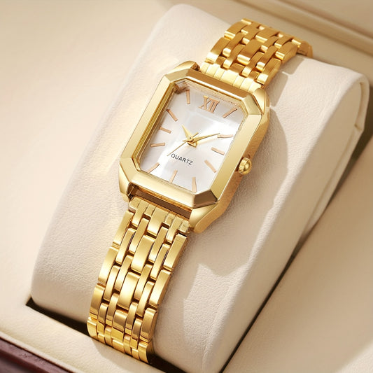 1pc Women's Luxury Square Watch with Multi-Color Dial & Golden-Tone Zinc Alloy Band - Quartz Movement, Fashionable Wristwatch for Casual & Formal Occasions, Casual Wristwatch | Colorful Dial Watch | Premium Look Watch