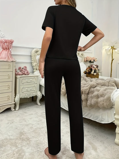 Casual Leisure Suit, Women's Double Love Print Short Sleeve Round Neck T-shirt and Pants Pajama Two-Piece Set Casual Comfortable Soft Home Clothes