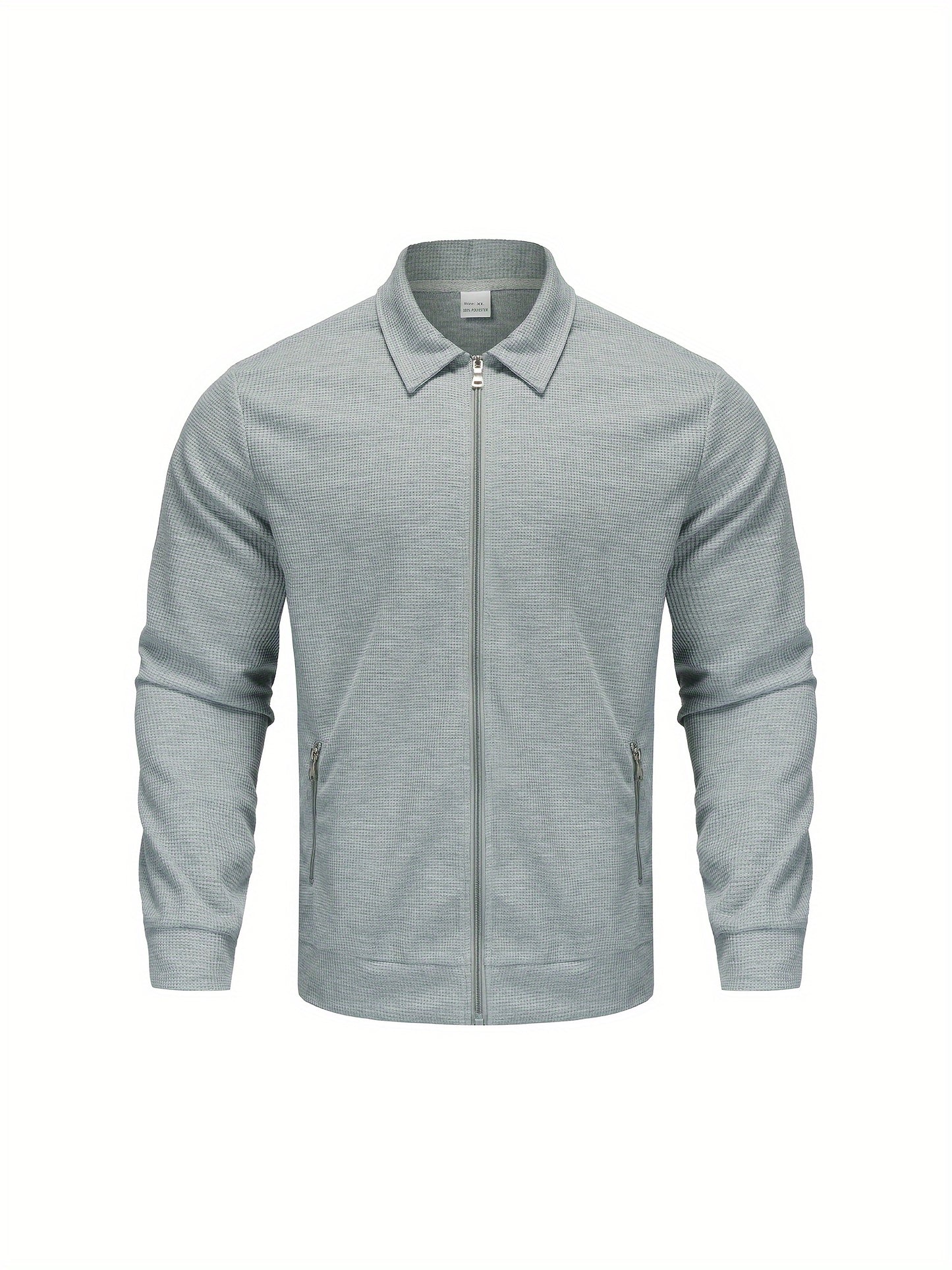 1 հատ տղամարդու ամենօրյա պոլիեսթերային կայծակաճարմանդով բաճկոն՝ օձիքով, միագույն, թեթևակի ձգվող, հյուսված կտորից, սովորական չափսերով, առանց աստառի - Գարուն/աշուն վերնազգեստ