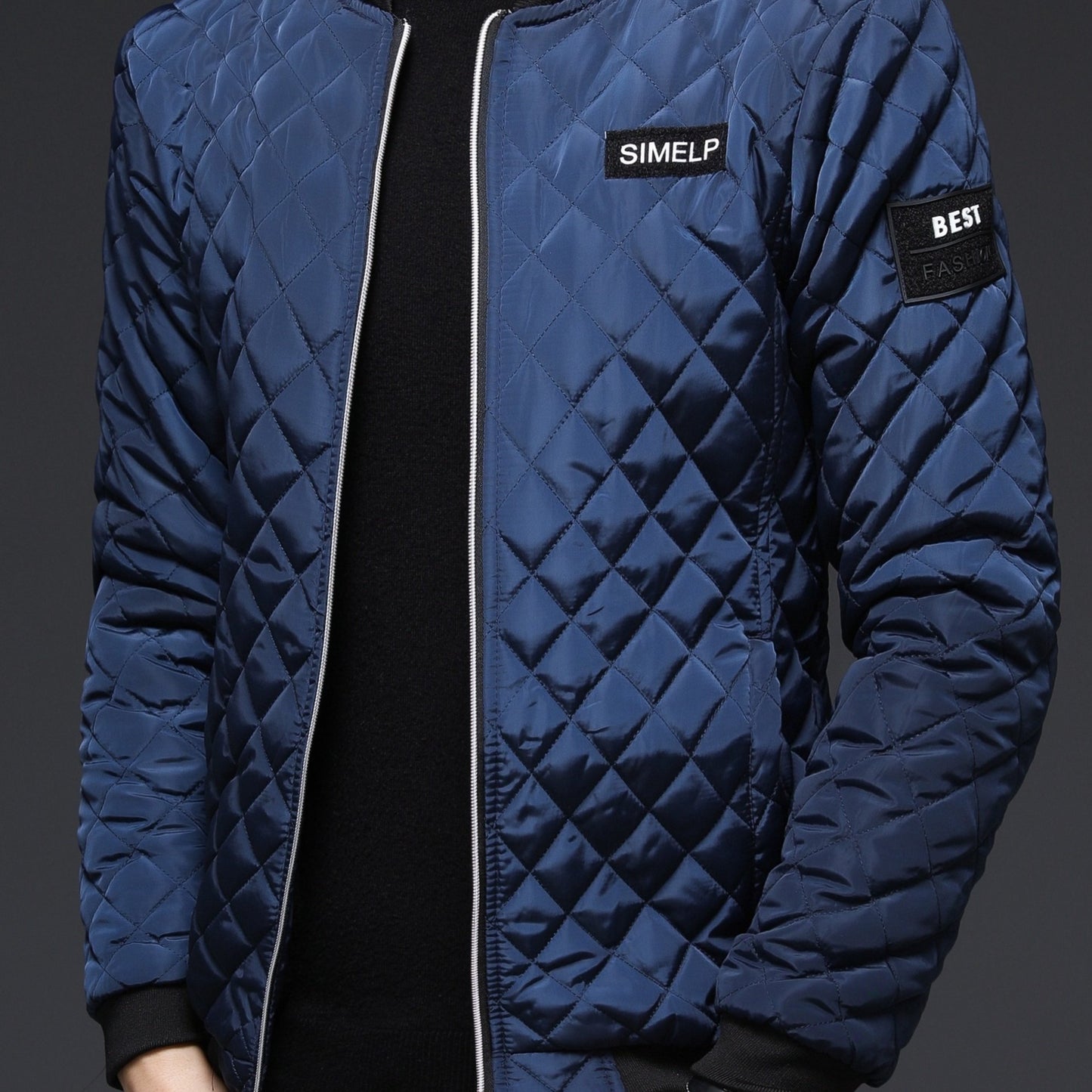 Men's Casual Quilted Zip Up Jacket, Chic Baseball Collar Jacket For Fall Winter