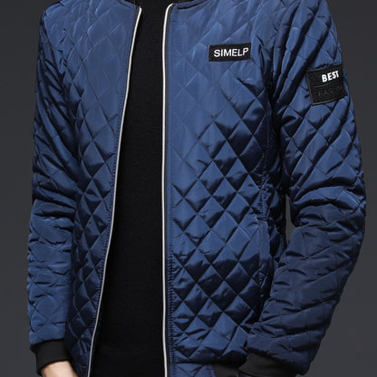 Men's Casual Quilted Zip Up Jacket, Chic Baseball Collar Jacket For Fall Winter