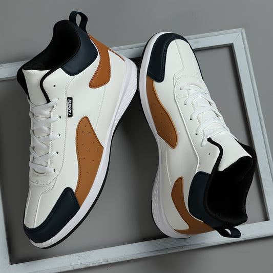 Men'S High-Top Fashion Sneakers, Vintage, Preppy, Street Style Solid Color Lace-Up Shoes, PU Upper, Fabric Inner, TPR Sole, Round Toe, for Hiking, Daily Wear, Casual  Outdoor Activities, All-Season Comfort