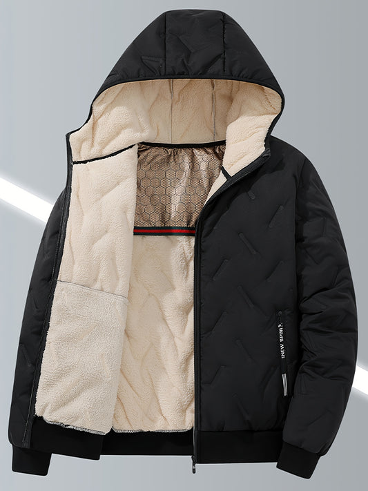 Men's Casual Winter Jacket - Thick Fleece-Lined, Windproof Hooded Coat with Embossed Design, Zip-Up, Solid Color - ayq