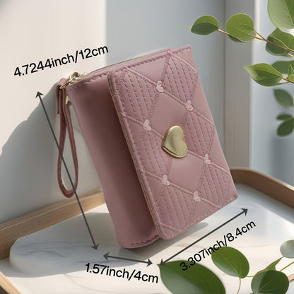 Fashion Rhombus Heart Pattern Tri-Fold Multi-Card Slot Zippered Compartment Multi-Functional Portable Mini Women's Wallet
