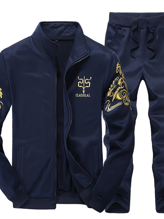 Spring and Autumn Men's Stand Collar Casual Sports Suit Top + Pants