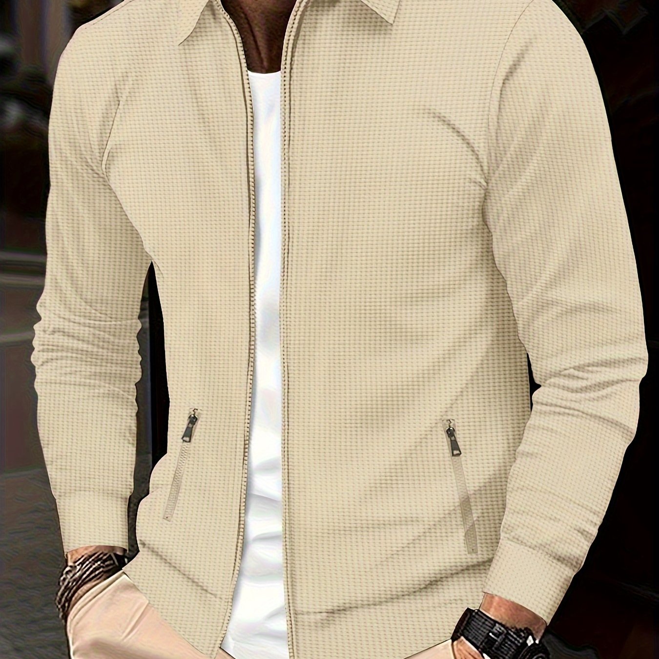 1 հատ տղամարդու ամենօրյա պոլիեսթերային կայծակաճարմանդով բաճկոն՝ օձիքով, միագույն, թեթևակի ձգվող, հյուսված կտորից, սովորական չափսերով, առանց աստառի - Գարուն/աշուն վերնազգեստ