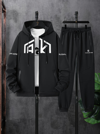 Տղամարդու AK տառերով տպագրությամբ երկար թևքերով վերնաշապիկ՝ կայծակաճարմանդով և երկար տաբատով, երկկտոր հավաքածու, թեթևակի ձգվող հարմարավետ հագուստ գարնան և աշնան համար