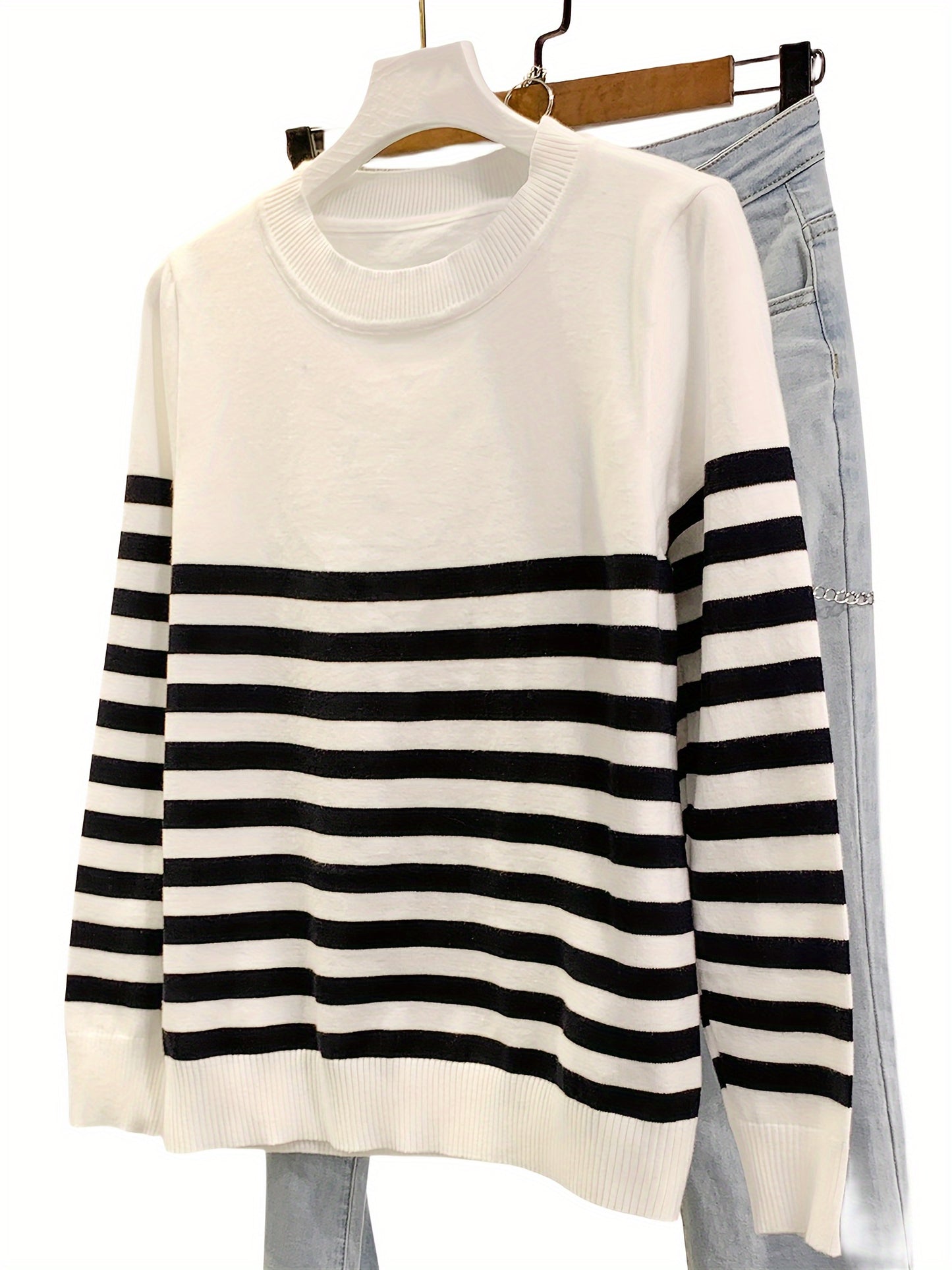 Կանացի Casual Color Block Crew պարանոցով սվիտեր, երկարաթև տրիկոտաժե վերնաշապիկ, վիսկոզայի խառնուրդ 75% պոլիեսթեր 25%, միջին ձգվող, բոլոր եղանակներին, 350 գ/մ² Գործվածքի քաշը