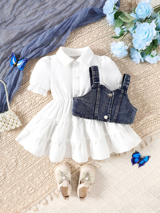 Children's Baby Girl Spring/Summer New Denim Vest Solid Color Shirt Dress Set - Ayq