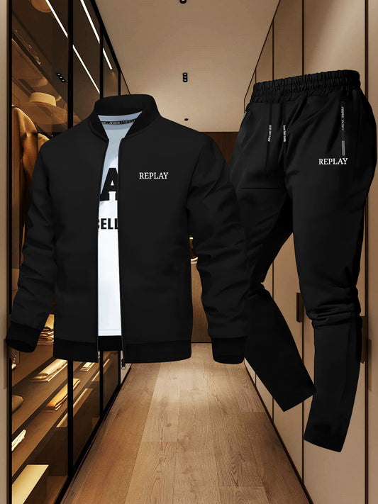 Տղամարդու ամենօրյա երկու մասից բաղկացած հավաքածու - սև բաճկոն և տաբատ «REPLAY» նախշով, կայծակաճարմանդով, երկար թևքերով, պոլիեսթերից, ամենօրյա հագուստ | Առօրյա ոճ | Կայծակաճարմանդով բաճկոն