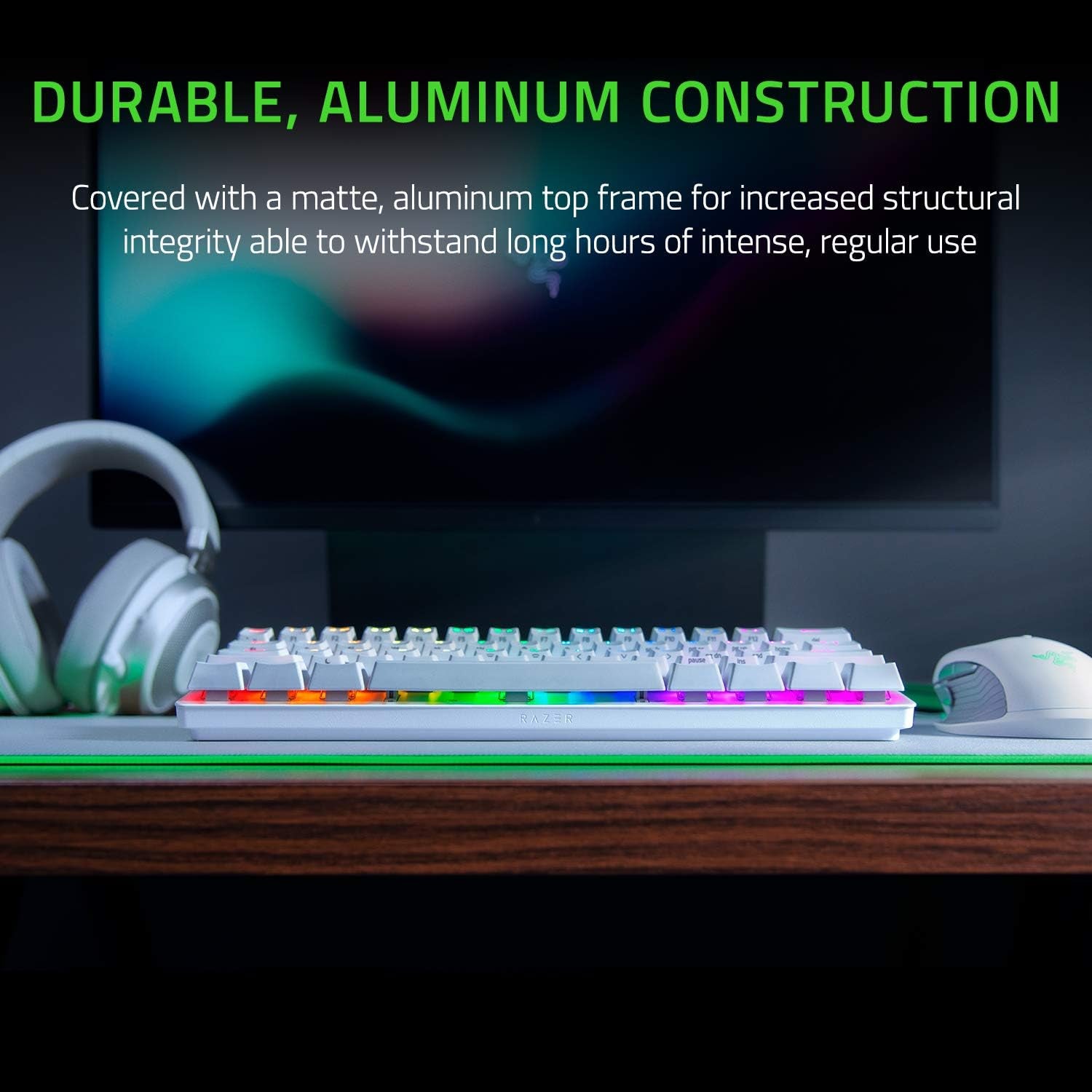 Razer Huntsman Mini 60% Gaming Keyboard + PBT Keycap + Coiled Cable Upgrade Set Bundle: Mercury White/Clicky Optical - Quartz Pink