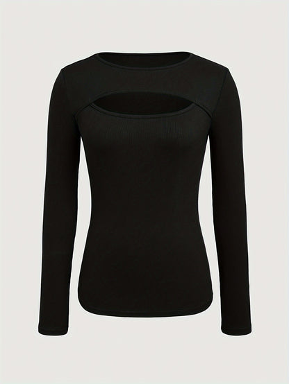 1 հատ Essence կանացի էլեգանտ, կողավոր երկար թևքով մարզաշապիկ, պոլիեսթերի և սպանդեքսի խառնուրդ, խոռոչավոր դետալներով, միագույն, կլոր վզնոցով, սովորական երկարությամբ, տրիկոտաժե կտոր - աշուն/ձմեռ հավաքածու