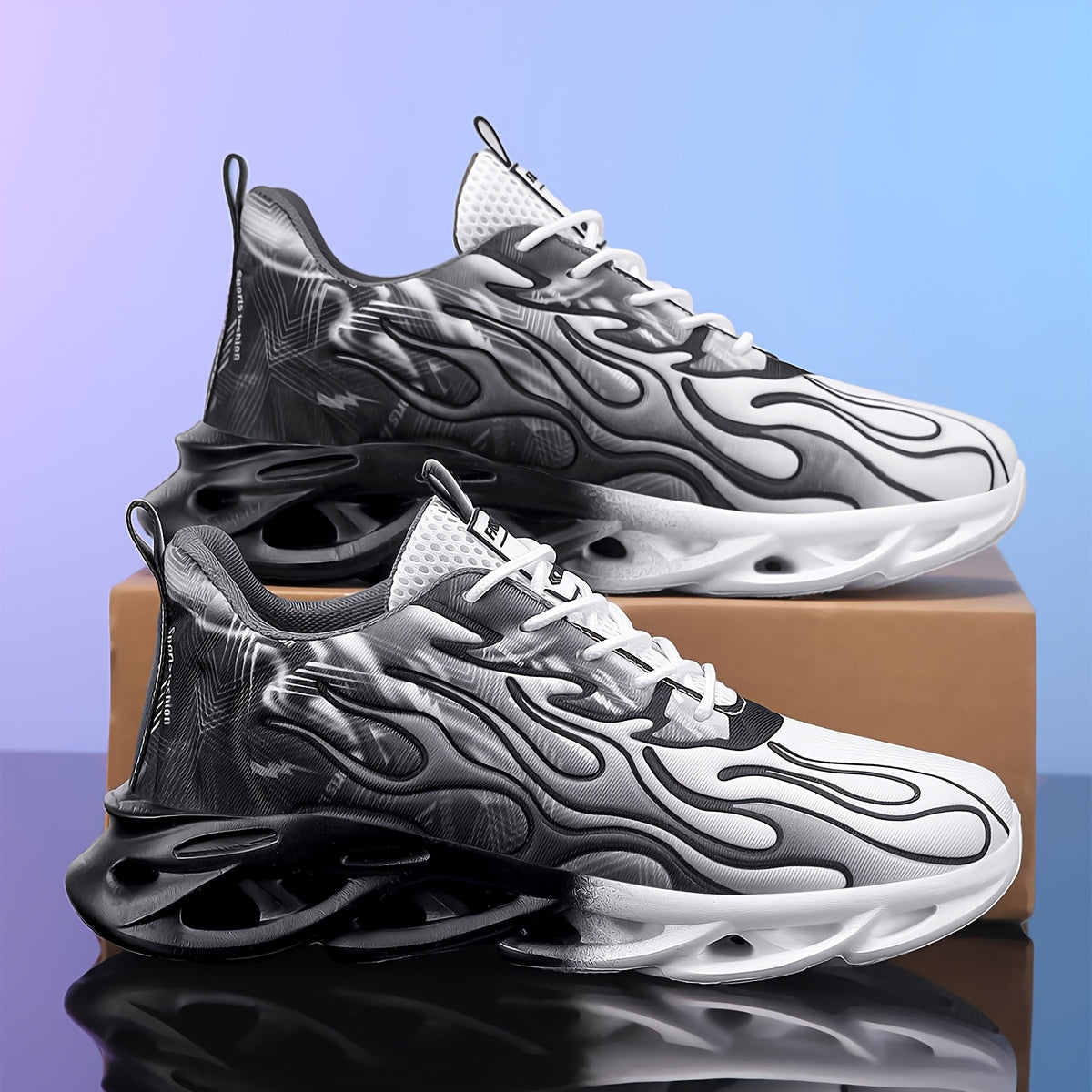 Նորաձև սև-սպիտակ գրադիենտային սպորտային կոշիկներ՝ շնչող ցանցով, հաստ ներբանով՝ հասակը մեծացնելու համար, նորաձև սպորտային, առօրյա վազքի կոշիկներ՝ բոցավառ դիզայնով, իդեալական ուսանողների համար՝ առօրյա հագուստով, բարձրակրունկ սպորտային կոշիկներ