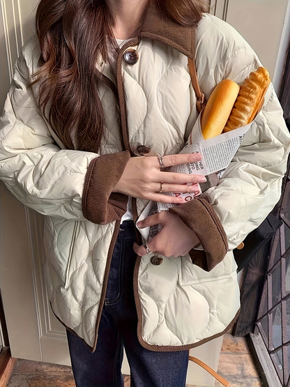 Կանացի մուգ կապույտ կարված բաճկոն՝ արհեստական ​​մորթուց զարդանախշով - Էլեգանտ երկար թևքերով վերնազգեստ, պոլիեսթեր, կոճակներով առջևի մաս, տաք և նորաձև ձմռան համար