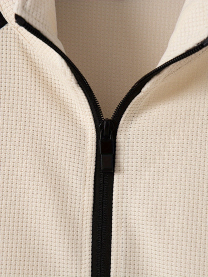 Տղամարդու սպորտային գունային բլոկով կայծակաճարմանդով բաճկոնի և վազքի տաբատի հավաքածու - պոլիեսթերի խառնուրդ, իդեալական է գարնան/աշնան համար