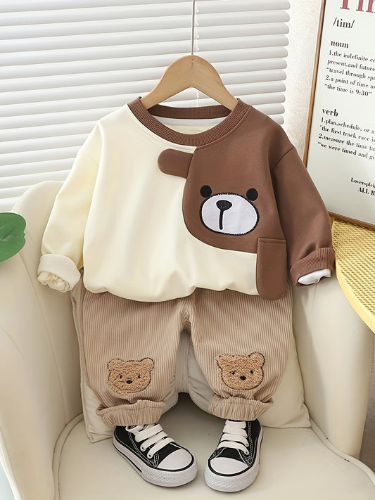 Boys' Cute Cartoon Bear Sweatshirt & Joggers Set - Comfy Cotton Blend, Non-Stretch, Round Neck Pullover with Pockets, Perfect for Spring/Fall - Casual Youngsters Outfit, Perfect for Outdoor - Ayq