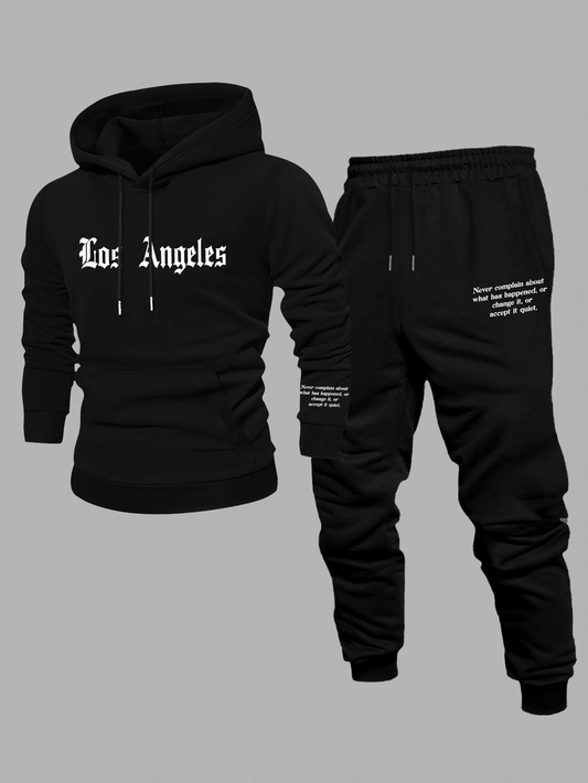 Men'S Los Angeles Print Hoodie And Sweatpants Set - Casual American Streetwear Style, Cozy Fall/Winter Activewear with Geometric Pattern, Slight Stretch Fabric, Hooded Top & Joggers, Casual Wear|Geometric Pattern Hoodiee Jogg