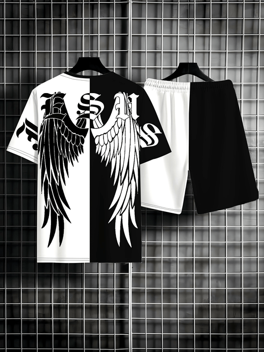 Տղամարդկանց ամառային նորաձևության 2 հատանոց հավաքածու. Գոթական թևերի նախշերով շապիկ և շորտեր - առօրյա լողափնյա հագուստ, մարզական տնային հագուստ, լվացքի մեքենայով լվացվող