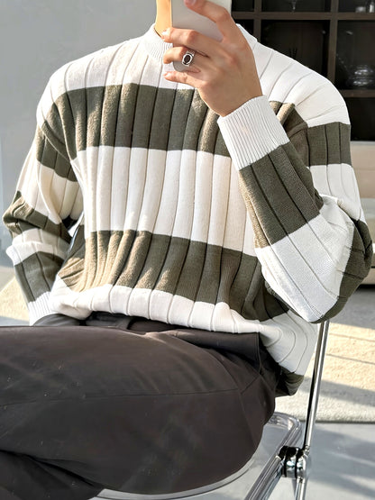Men'S Stylish Striped Knit Pullover Sweater - Casual Round Neck, Suitable for Wearing in Spring, Autumn, And Winter