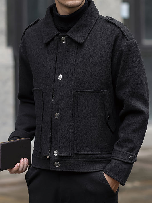 Men's Stylish Autumn/Winter Warm Polyester Casual Jacket with Lapel Collar, Zipper Closure, and Pockets - 100% Polyester Solid Color Loose Fit Coat - ayq