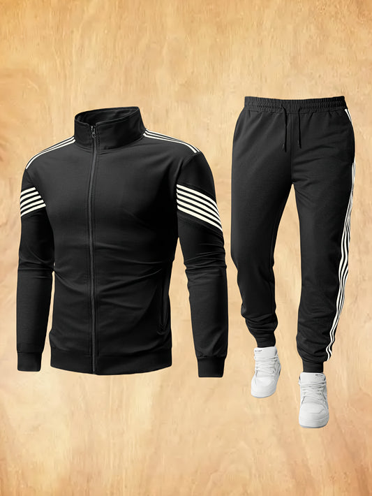 Տղամարդկանց գարնանային և աշնանային սպորտային հանգստի հավաքածու՝ բարձր օձիքով, երկար թևքերով, ճարմանդով փակվող վերնաշապիկով, գոտկատեղում քաշվող ժապավենով երկար տաբատով, հարմար է վազքի, բացօթյա մարզումների և տանը հագնելու համար, գրպաններով և ճարմանդներով: