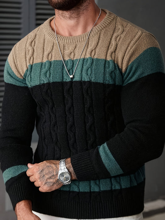 Men's Autumn/Winter Casual Color-Block Twist-Knit Pullover Sweater