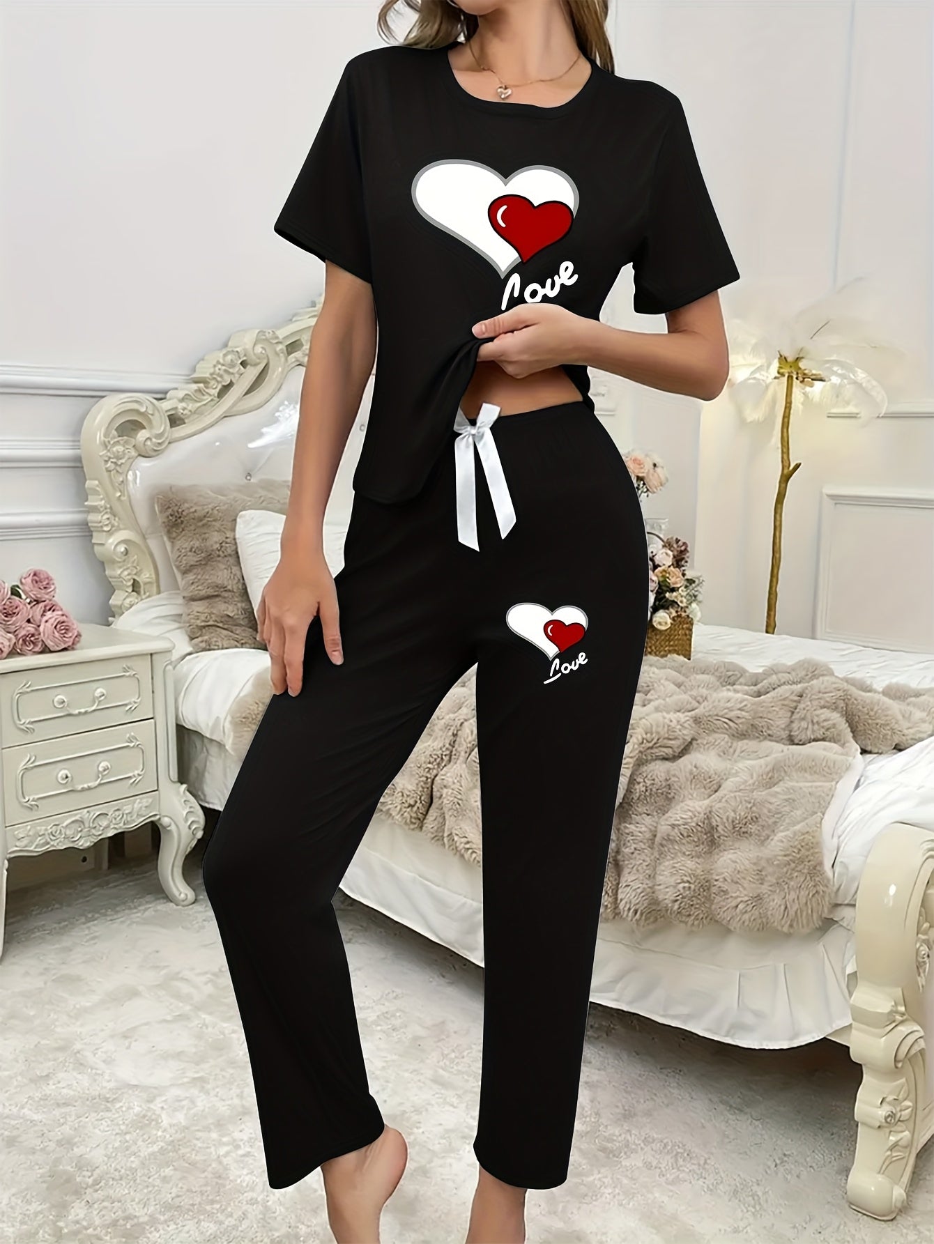Casual Leisure Suit, Women's Double Love Print Short Sleeve Round Neck T-shirt and Pants Pajama Two-Piece Set Casual Comfortable Soft Home Clothes