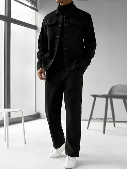 Տղամարդու երկկտոր առօրյա հագուստ - սև կոճակներով վերնաշապիկ և տաբատ, երկար թևքերով, ազատ չափսերով, չձգվող գործվածքով, իդեալական է գարնան/աշնան համար, առօրյա հագուստ | ազատ չափսերով | կոճակներով վերնաշապիկ