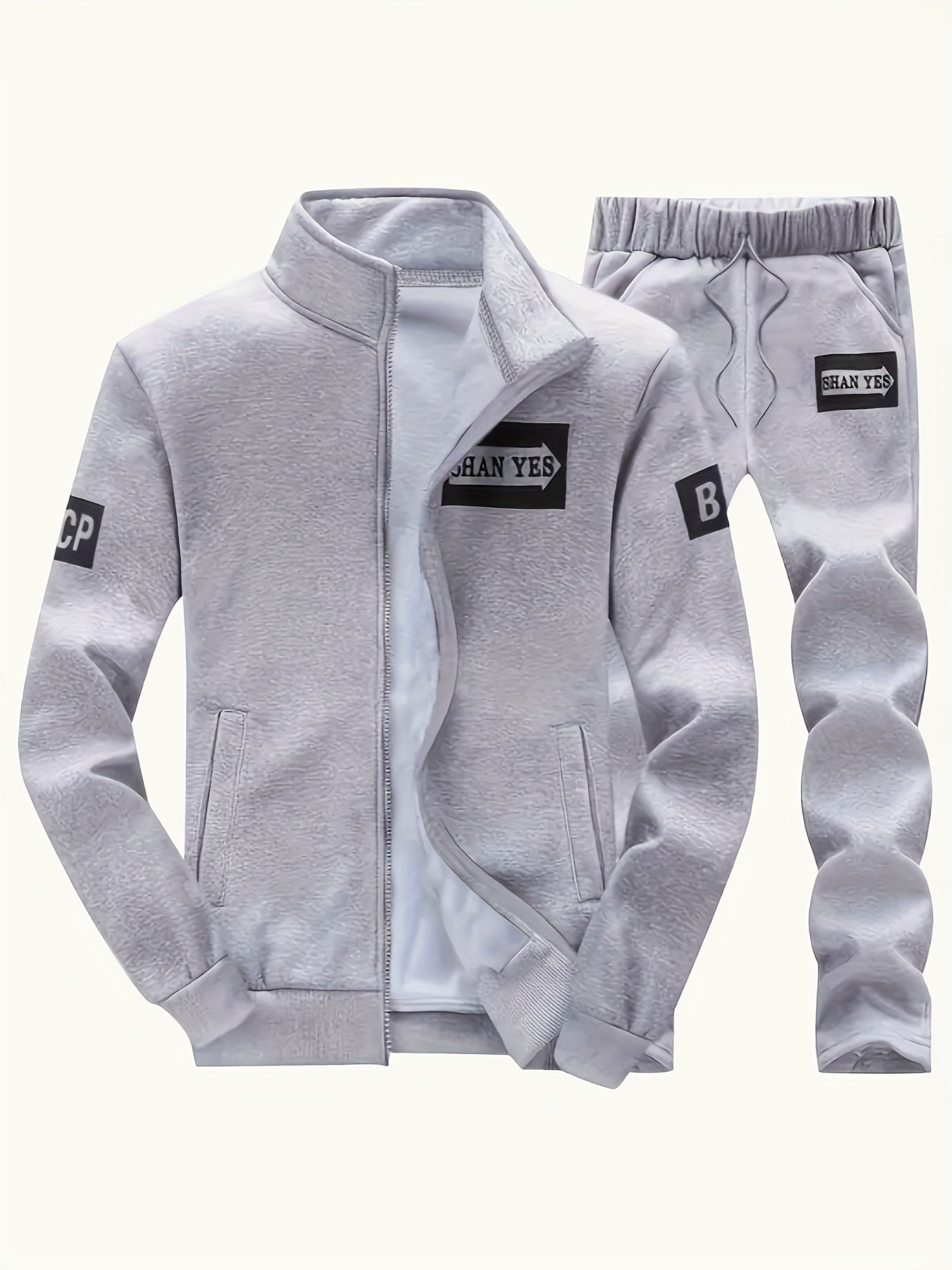 Տղամարդու մուգ կապույտ "Shan Yes" տպագրությամբ սպորտային հագուստ - ճարմանդով բաճկոն և գրպաններով մարզական տաբատ, ստանդարտ ֆիթ, գարնան և աշնան համար, հարմարավետ հանգստի հագուստ, հանգստի բաճկոն | սպորտային բաճկոն | ճարմանդով փակում, անհրաժեշտ բաճկոն