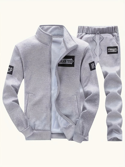 Տղամարդու մուգ կապույտ "Shan Yes" տպագրությամբ սպորտային հագուստ - ճարմանդով բաճկոն և գրպաններով մարզական տաբատ, ստանդարտ ֆիթ, գարնան և աշնան համար, հարմարավետ հանգստի հագուստ, հանգստի բաճկոն | սպորտային բաճկոն | ճարմանդով փակում, անհրաժեշտ բաճկոն